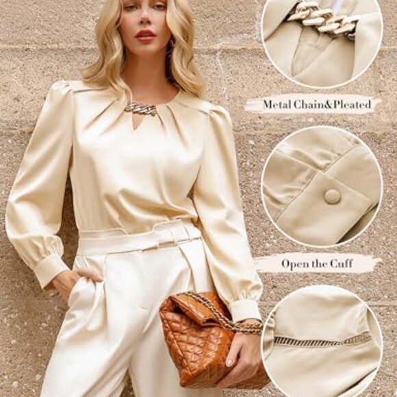 Long Sleeve Satin Blouse, Hip-Length Fit, Keyhole Neck, Business Casual - Picture 6 of 8